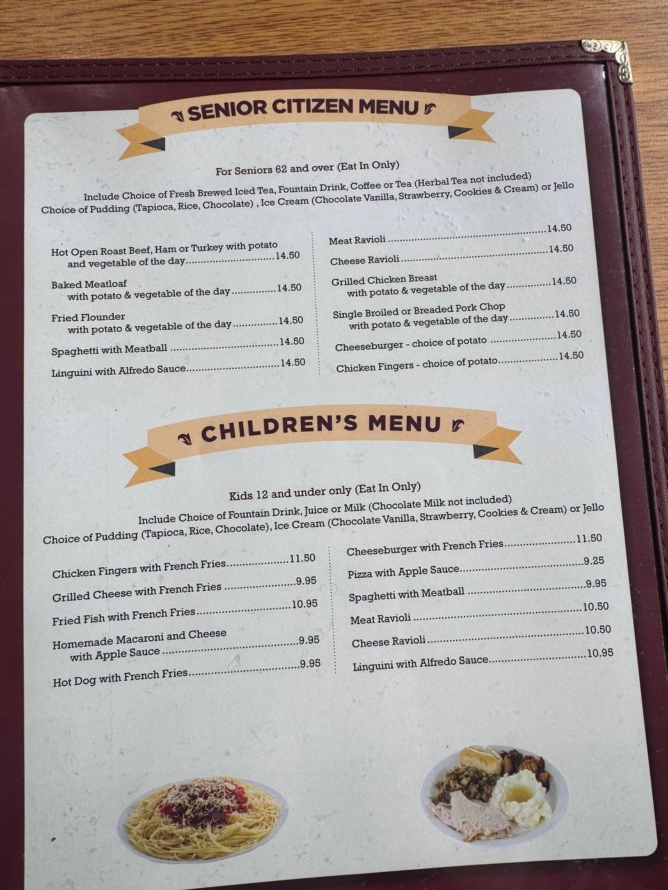 Restaurant menu with familiar diner comfort foods.